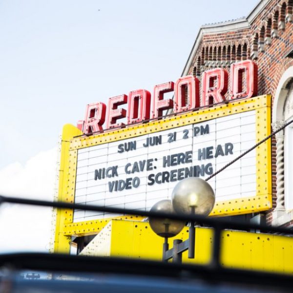 photo of Redford theater sign advertising Nick Cave video screening