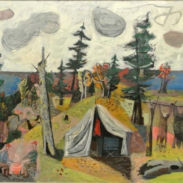 The Hunters, Arnold Blanch, scene of campsite in the forest