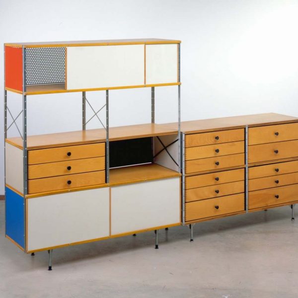wood and metal drawers and shelves