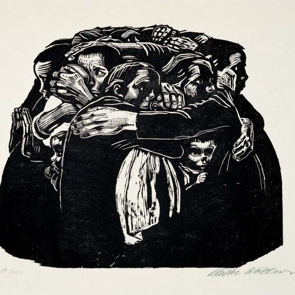 black and white print of people gathered in hug