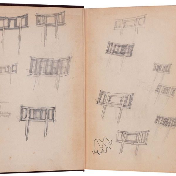 pencil sketches of furniture inside book