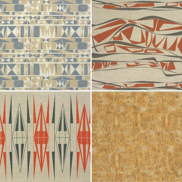 collage of woven fabrics in cream, red and black