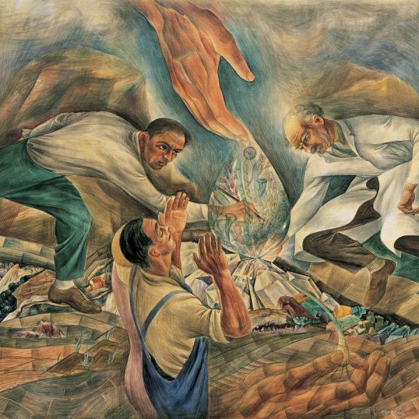 painting of three men and hand reaching for jewels