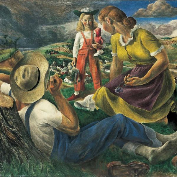 painting of man, woman, and child resting on hillside