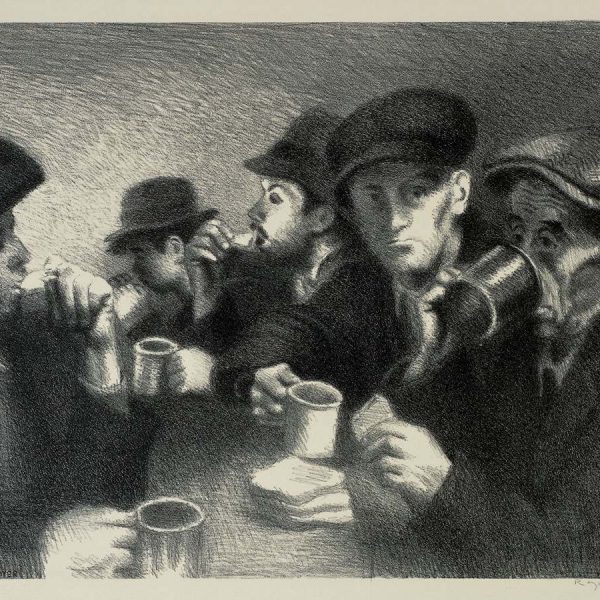 charcoal of men eating bread and drinking
