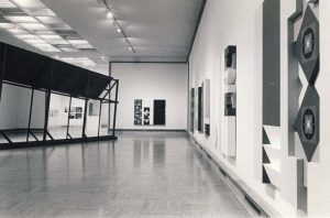 black and white photo of gallery interior