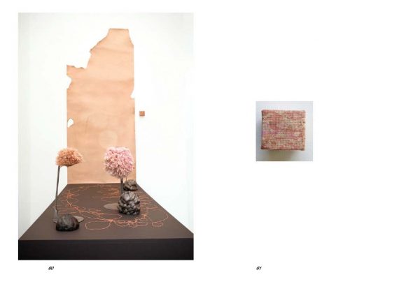 pink and peach fabric and ceramic sculpture
