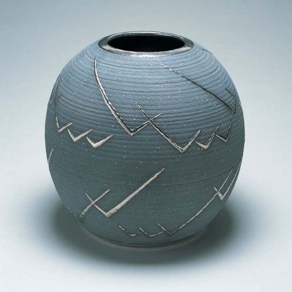 blue vase with white etching, Maija Grotell