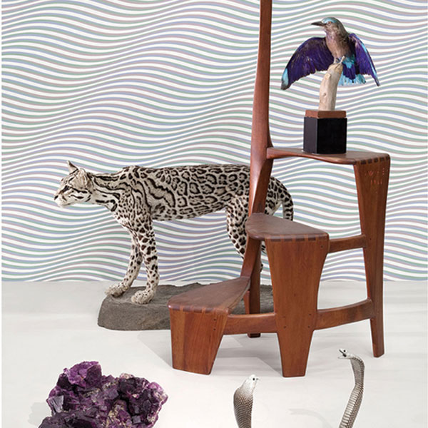 wooden step stool with animal sculptures