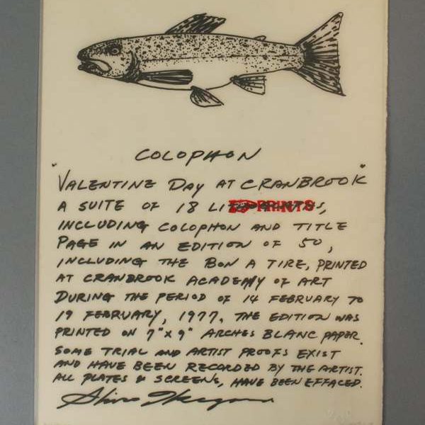 Colphon Valentine's Day exhibit 1977 description with image of fish