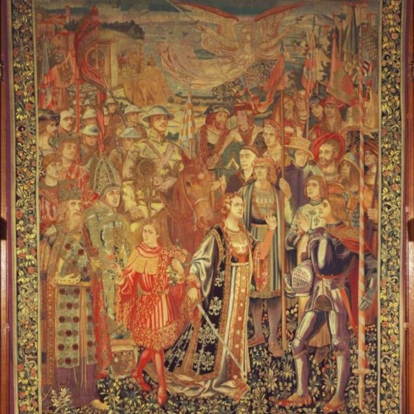 large tapestry with knights in armor