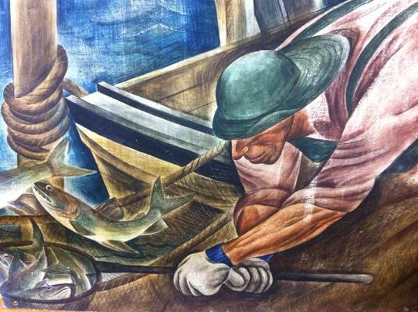 Painting of fisherman with green hat