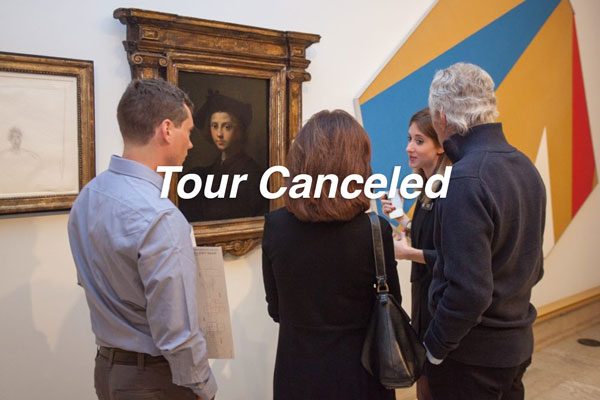 Tour canceled, group of individuals look at a renaissance painting