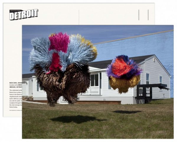 colorful fur figures suspended above grass