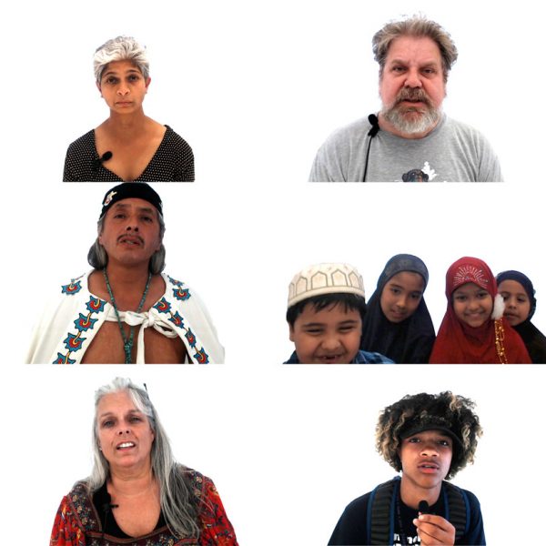 collage of sixteen people looking at camera against white background