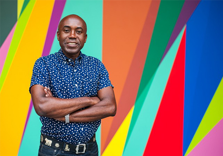 Odili Donald Odita profile with colored geometric background
