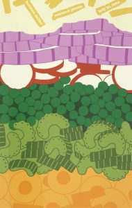 illustrated picnic foods - celery, turnips, onions, peas