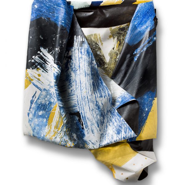 Painted assemblage made from folder material with abstract painting all over the surface. Main colors are blue, black, white, and yellow.