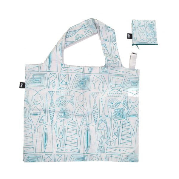 White tote bag with aqua colored design by Ruth Adler Schnee