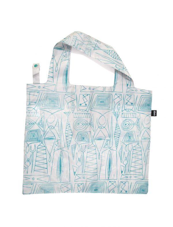 White tote bag with aqua colored design by Ruth Adler Schnee