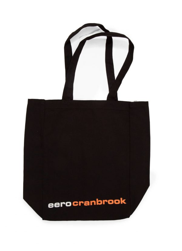 Black Tote Bag with White text "Eero" and Orange Text "Cranbrook" at the bottom
