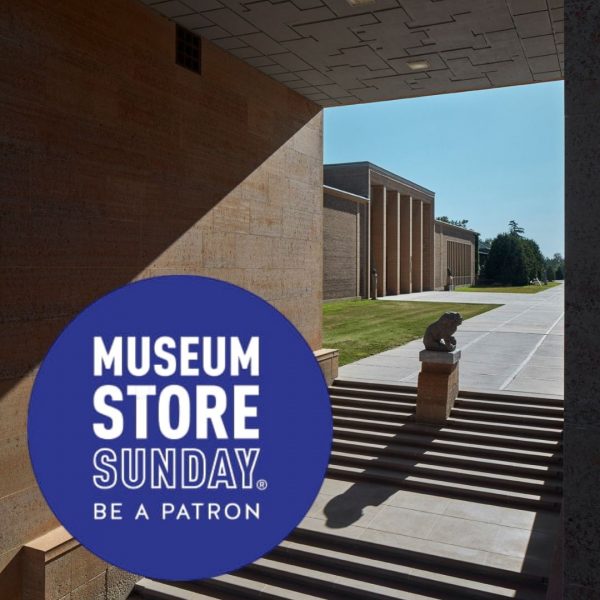 Museum Store Sunday text logo over exterior view of Cranbrook Art Museum