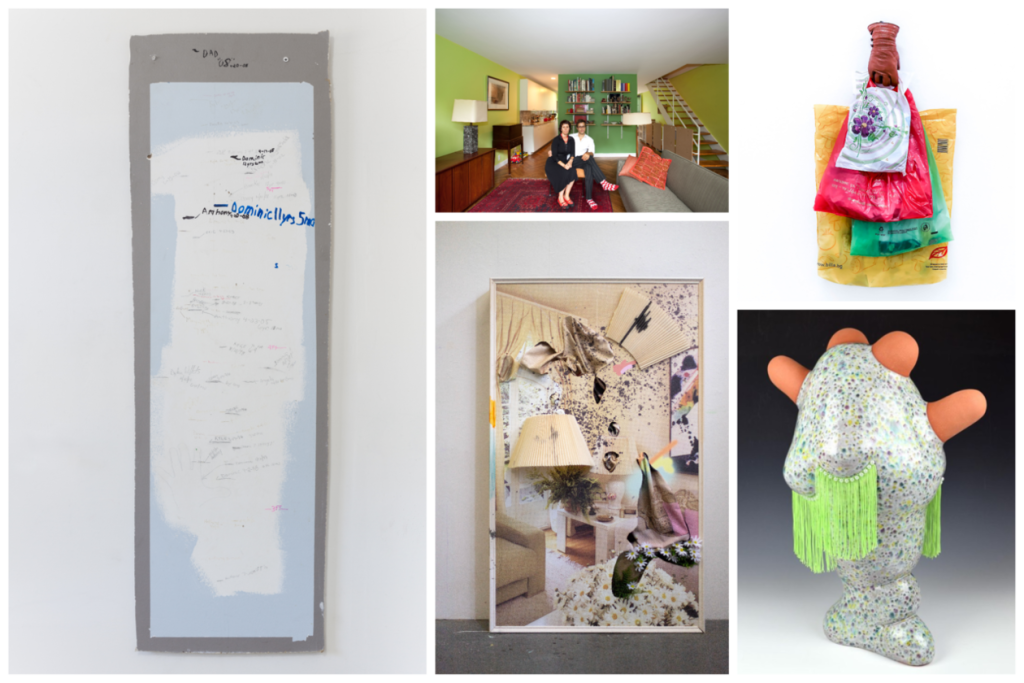 Collage of artwork images from upcoming exhibition, "Homebody". Artworks are paintings, photographs, and sculptures.