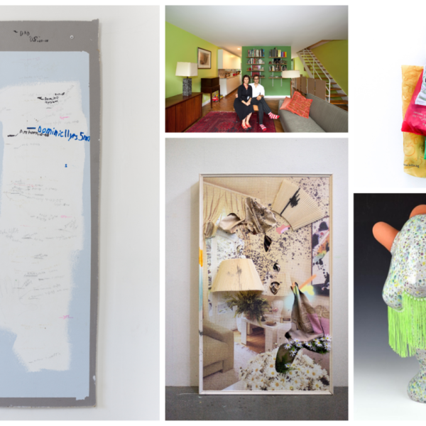 Collage of artwork images from upcoming exhibition, "Homebody". Artworks are paintings, photographs, and sculptures.